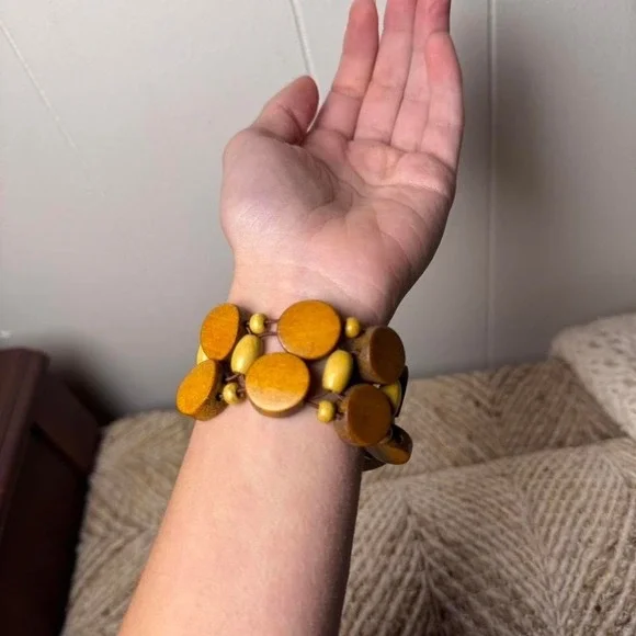 Boho Wooden Disc Stretch Bracelet Earthy Brown Olive Green Beaded Statement - Picture 7 of 8